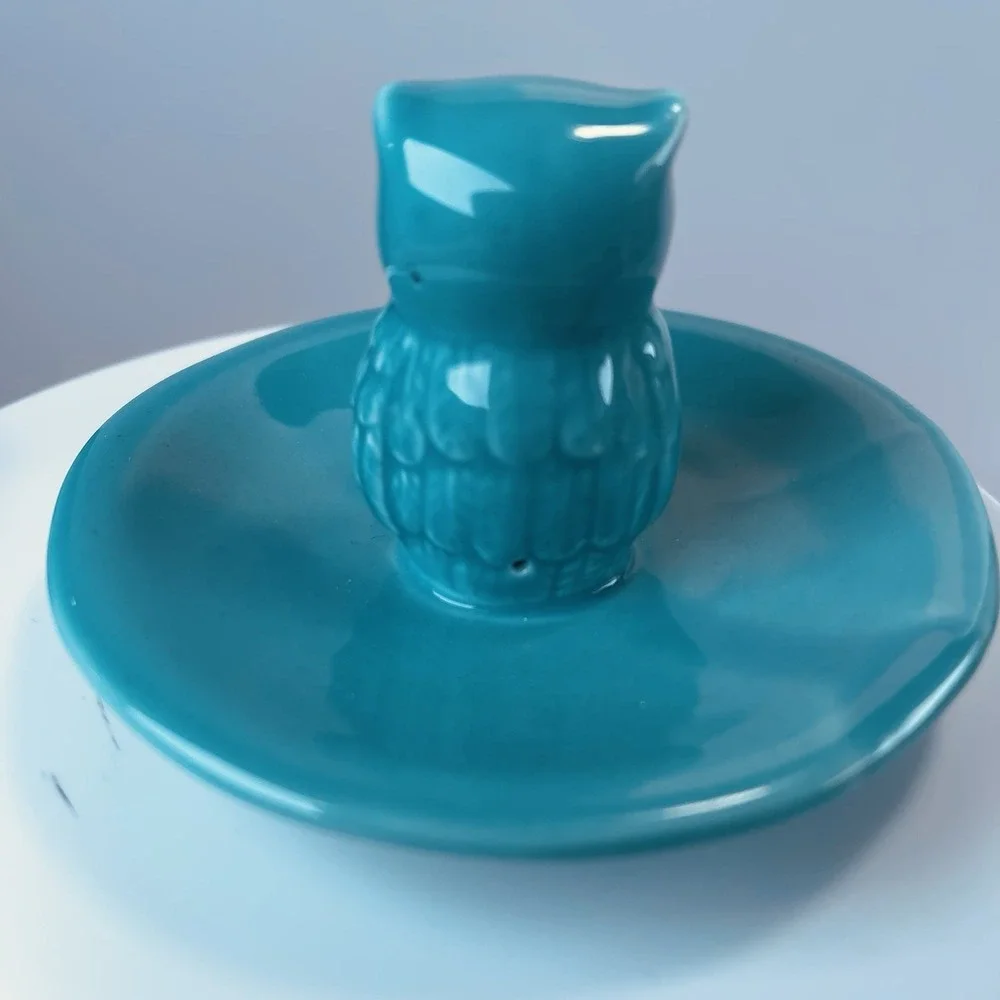 Ceramic Blue Owl Round Trinket Jewelry Holder Dish